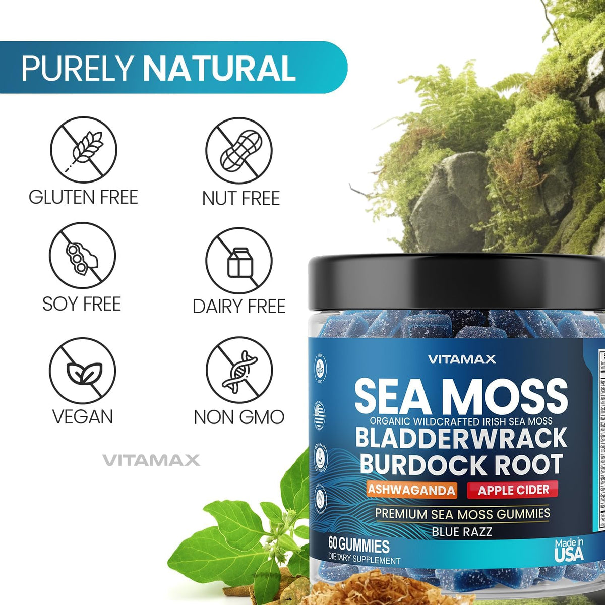 Vitamax Irish Sea Moss Gummies – Multi-Mineral Supplement with Sea Moss, Bladderwrack, Ashwagandha, Burdock Root & ACV – 60ct - görsel 7