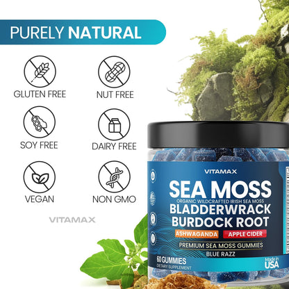 Vitamax Irish Sea Moss Gummies – Multi-Mineral Supplement with Sea Moss, Bladderwrack, Ashwagandha, Burdock Root & ACV – 60ct