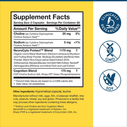 Researched Nutritionals BDNF Essentials – Brain Supplement with Bacopa Monnieri and Lion's Mane, 120 Capsules