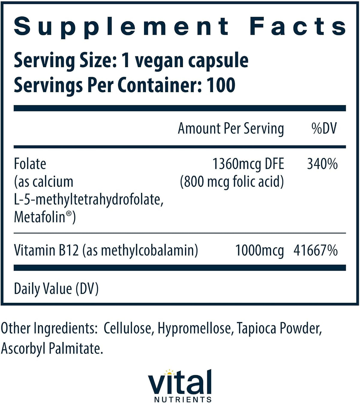 Vital Nutrients Vitamin B12 & Methyl Folate – Vegan Methylated B12 and 5-MTHF – 100 Capsules - görsel 2