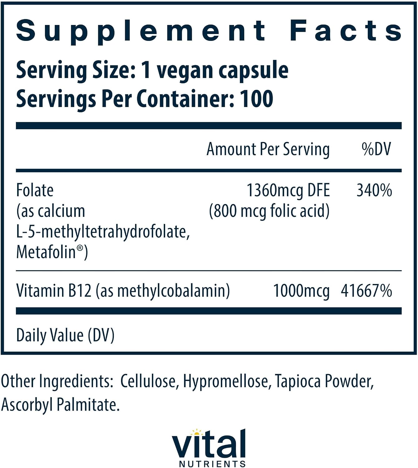 Vital Nutrients Vitamin B12 & Methyl Folate – Vegan Methylated B12 and 5-MTHF – 100 Capsules - görsel 2