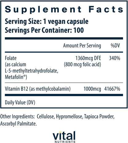 Vital Nutrients Vitamin B12 & Methyl Folate – Vegan Methylated B12 and 5-MTHF – 100 Capsules