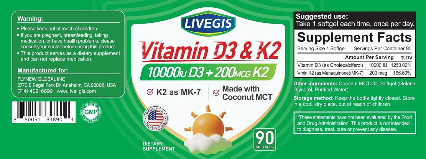 LIVEGIS Vitamin D3 K2 Soft gel capsules – 10,000 IU D3 & 200 mcg K2 (MK-7) with Coconut Oil, 90 Count - görsel 9