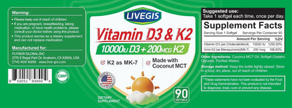 LIVEGIS Vitamin D3 K2 Soft gel capsules – 10,000 IU D3 & 200 mcg K2 (MK-7) with Coconut Oil, 90 Count