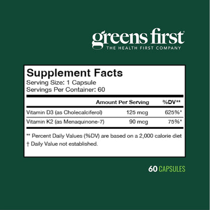 Greens First Vitamins D3+K2 – Support for Normal Bones, Immune System and Calcium Balance (60 Vegetable Capsules)