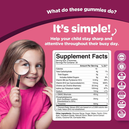 Phytoral Vegan Kids Focus Gummies - Potent Chewable Brain Support for Children - Enhances Concentration & Memory - Calming Supplements & Focus Gummies for Kids - Non-GMO & Gluten-free - 60 Count