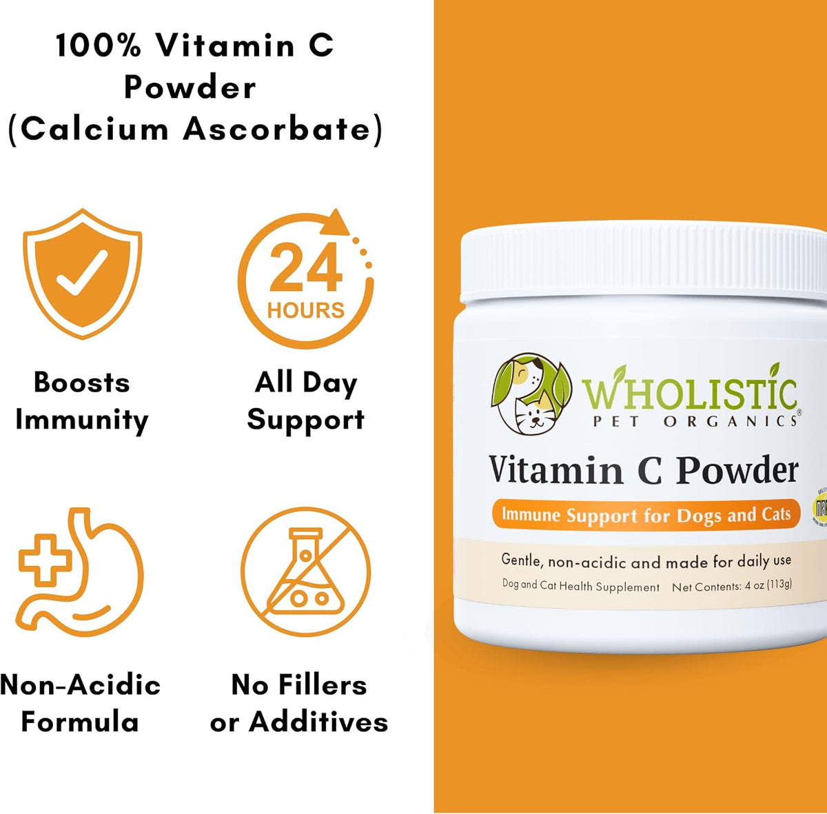 Wholistic Pet Organics Vitamin C Powder for Dogs & Cats - Allergy & Itch Relief - Immune Support - 113 g (113 Servings) - görsel 4