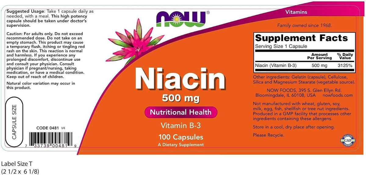NOW Foods Niacin (Vitamin B3) 500 mg, 100 Capsules - görsel 2
