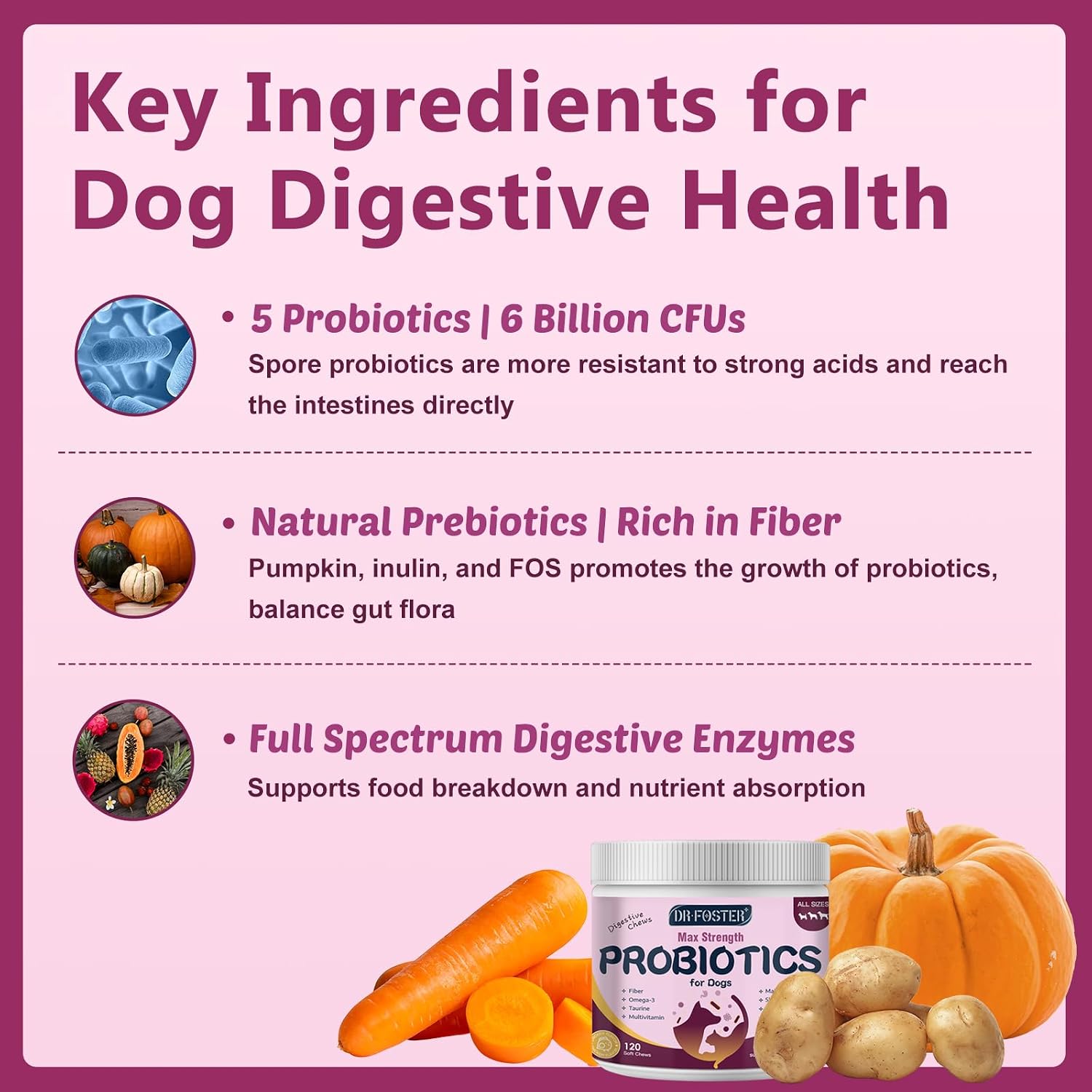 Probiotics for Dogs, Dog Probiotics for Digestive Health, 6 Billion CFU, with Prebiotics & Digestive Enzymes, Pumpkin & Omega-3, Dog Diarrhoea Relief & Immune Support, Skin & Coat Care, 120 Soft Chews - görsel 3