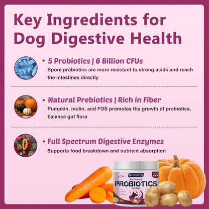 Probiotics for Dogs, Dog Probiotics for Digestive Health, 6 Billion CFU, with Prebiotics & Digestive Enzymes, Pumpkin & Omega-3, Dog Diarrhoea Relief & Immune Support, Skin & Coat Care, 120 Soft Chews