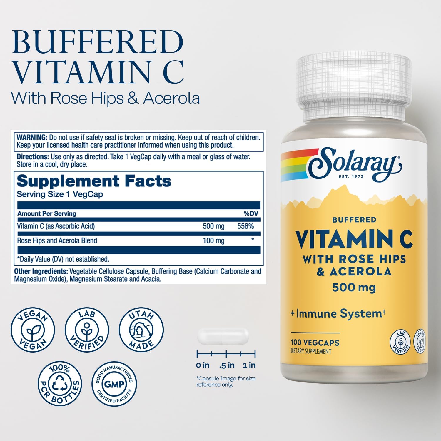 SOLARAY Buffered Vitamin C 500mg plus Rose Hips and Acerola - Immune Support Supplement - 100 VegCaps - görsel 2