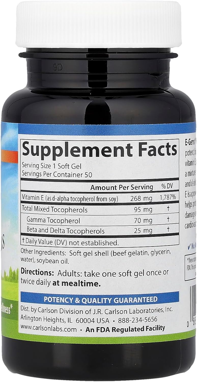 Carlson - E-Gems Plus, 400 IU (268 mg), Natural-Source Vitamin E, Optimal Wellness, 50 Soft Capsules - görsel 2