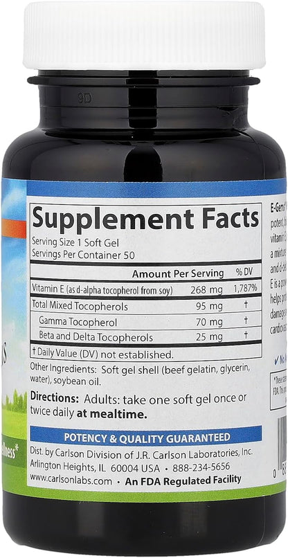 Carlson - E-Gems Plus, 400 IU (268 mg), Natural-Source Vitamin E, Optimal Wellness, 50 Soft Capsules
