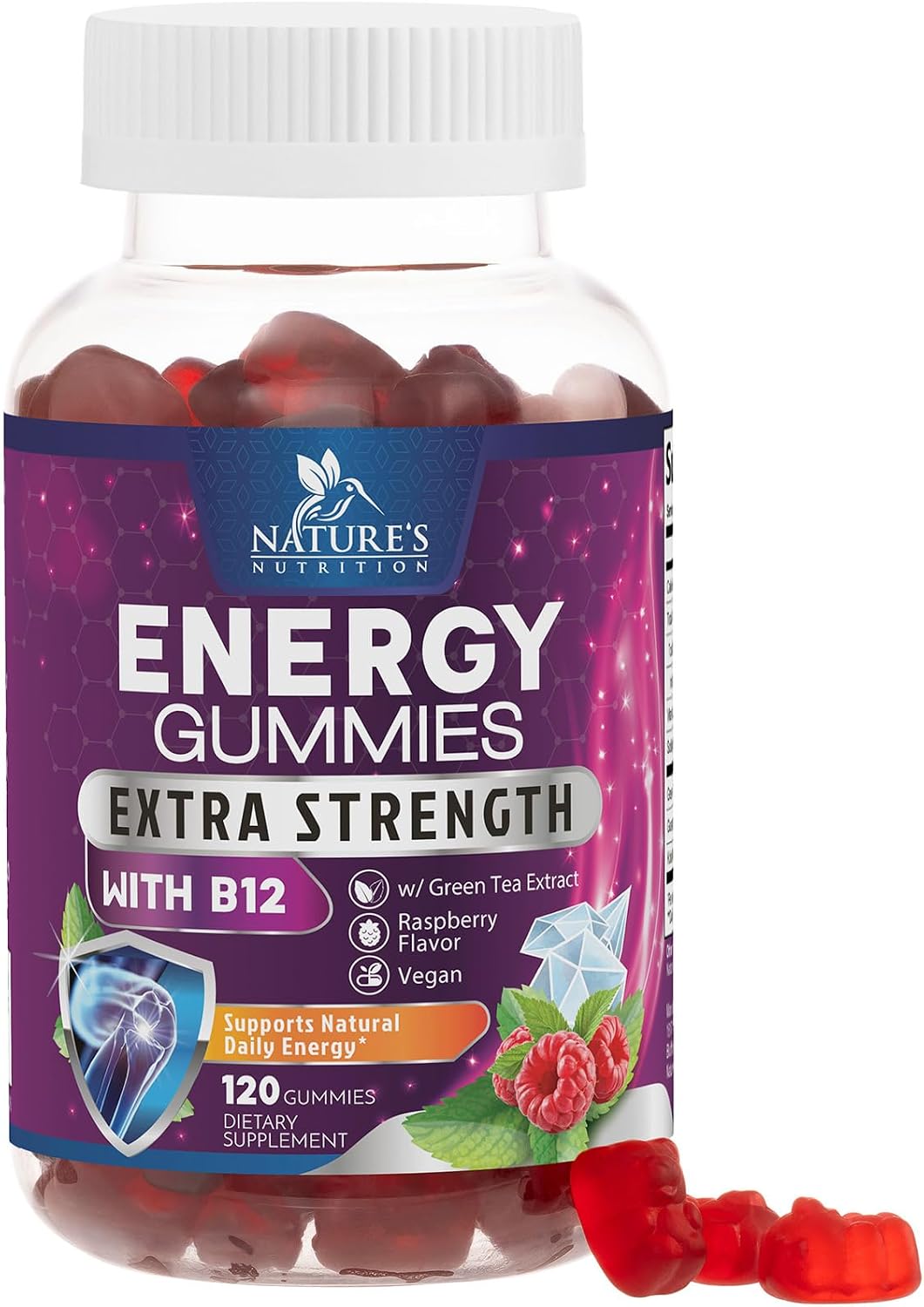 Energy Gummies with Vitamin B12 & Green Tea Caffeine - Berry Flavour - 60 Count - görsel 10