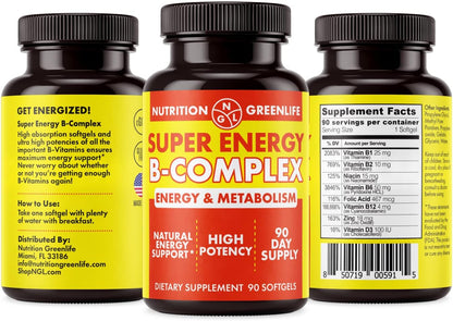 NGL Super Energy Vitamin B Complex – Bioactive Cold Fill Softgels, with Folic Acid, Zinc & Vitamin D, 90 Capsules
