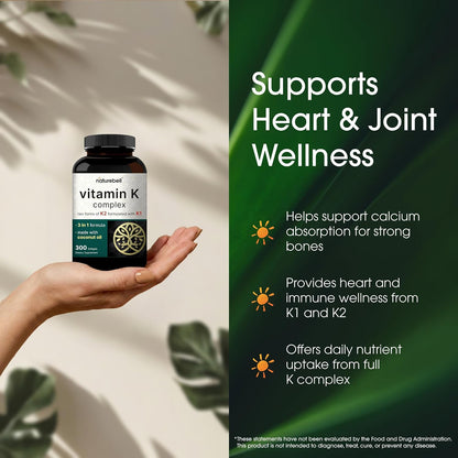 NatureBell Vitamin K Complex - 300 Softgels - 2600µg Full Spectrum K1 & K2 (MK-4 & MK-7)