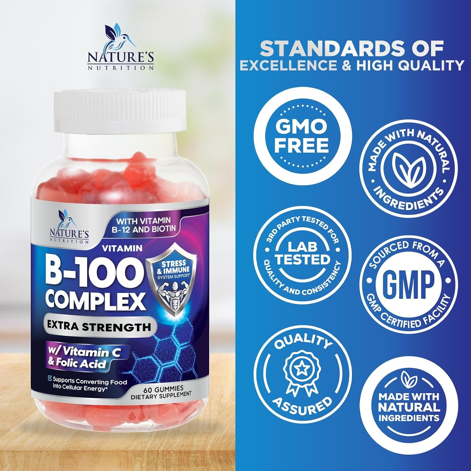 Nature's Nutrition Vitamin B Complex Gummies - Extra Strength with Vitamin C, Energy & Immune Support - 60 Gummies - görsel 4