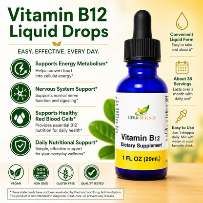 Herb-Science Liquid Vitamin B12 – Cold-Pressed Cyanocobalamin Sublingual Drops, Vegan, Alcohol-Free, 1 fl oz