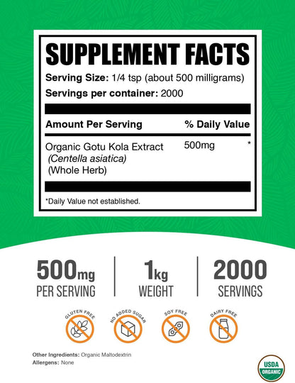BulkSupplements.com Organic Gotu Kola Extract Powder - Gotu Kola Powder from Centella Asiatica Herb - Gluten-free, 500mg per Serving, 1kg (Pack of 1)