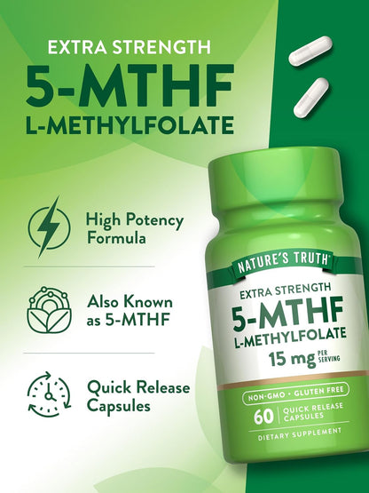 Nature's Truth L-Methylfolate 15mg, 60 Capsules – Extra Strength Active B9 Supplement