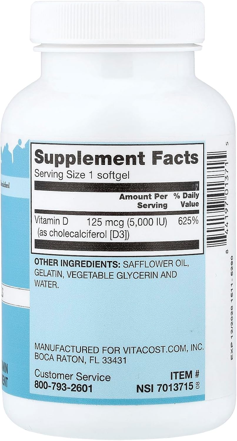 Vitacost Vitamin D3 Mini Softgels, 125 mcg (5,000 IU), 365 Capsules - görsel 2