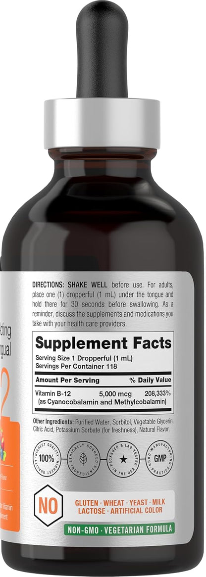 Horbaach B12 5000 mcg Sublingual Liquid Drops - Methylcobalamin & Cyanocobalamin, Berry Flavour, 118ml
