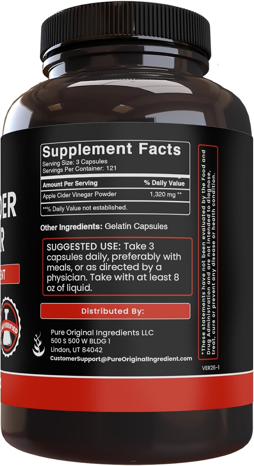 Pure Original Ingredients Apple Cider Vinegar (365 Capsules) – No Magnesium or Rice Fillers - görsel 2