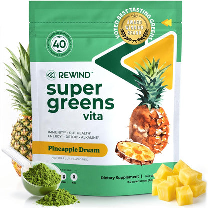 Rewind Best Tasting Super Greens Powder with 40+ Superfoods – Blueberry Acai