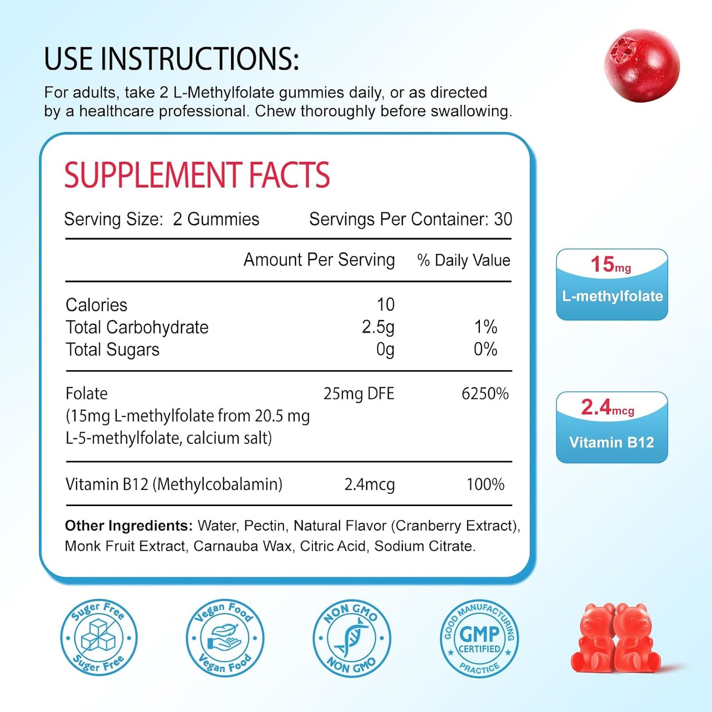 Zetelixia L-Methylfolate 15mg & Methyl B12 Gummies – Folate Supplements for Brain Health, Mood & Immunity, Sugar Free, Vegan, Cranberry Flavour, 60 Count - görsel 2