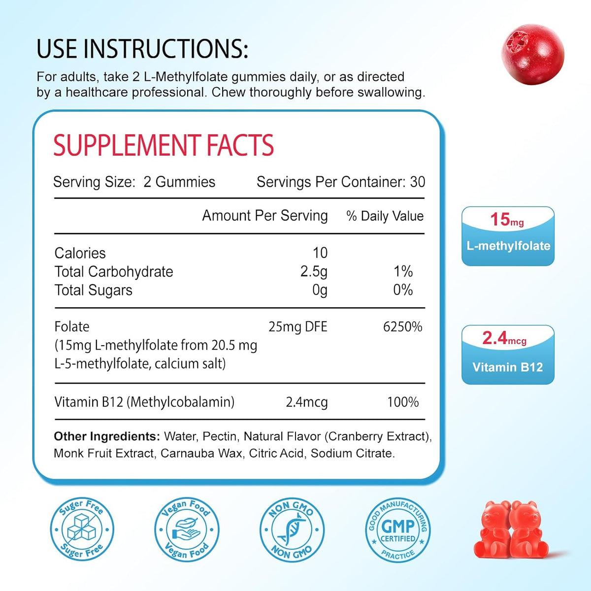 Zetelixia L-Methylfolate 15mg & Methyl B12 Gummies – Folate Supplements for Brain Health, Mood & Immunity, Sugar Free, Vegan, Cranberry Flavour, 60 Count - görsel 2