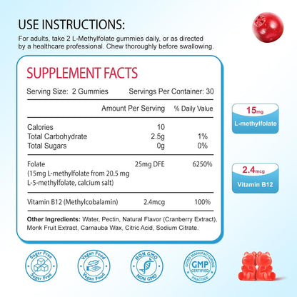 Zetelixia L-Methylfolate 15mg & Methyl B12 Gummies – Folate Supplements for Brain Health, Mood & Immunity, Sugar Free, Vegan, Cranberry Flavour, 60 Count