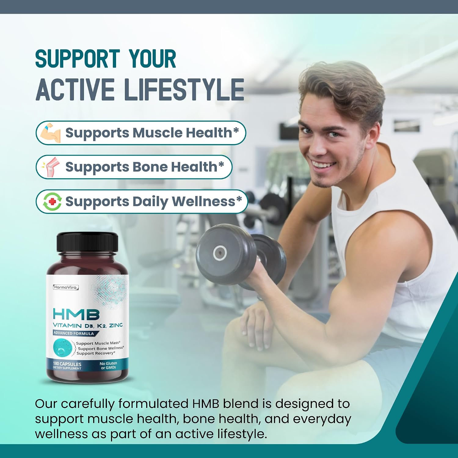 Liposomal HMB with Vitamin D3, K2 and Zinc – Advanced Formula – Helps Maintain Muscle Mass and Bone Health – 180 Capsules (Pack of 1) – No Gluten or GMOs - görsel 2