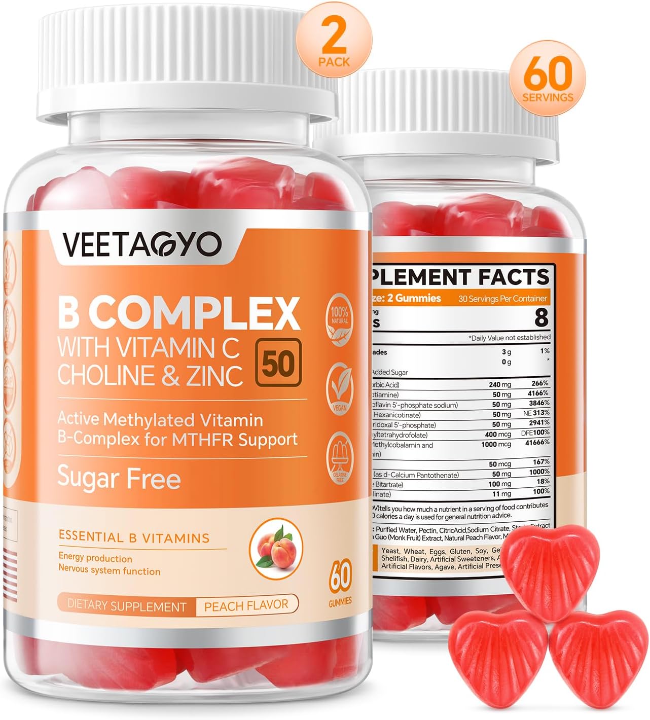 VEETAGYO B Complex 50 Gummies – Methylated B-Complex with Vitamin C, Choline & Zinc, Sugar Free, 120 Count - görsel 1