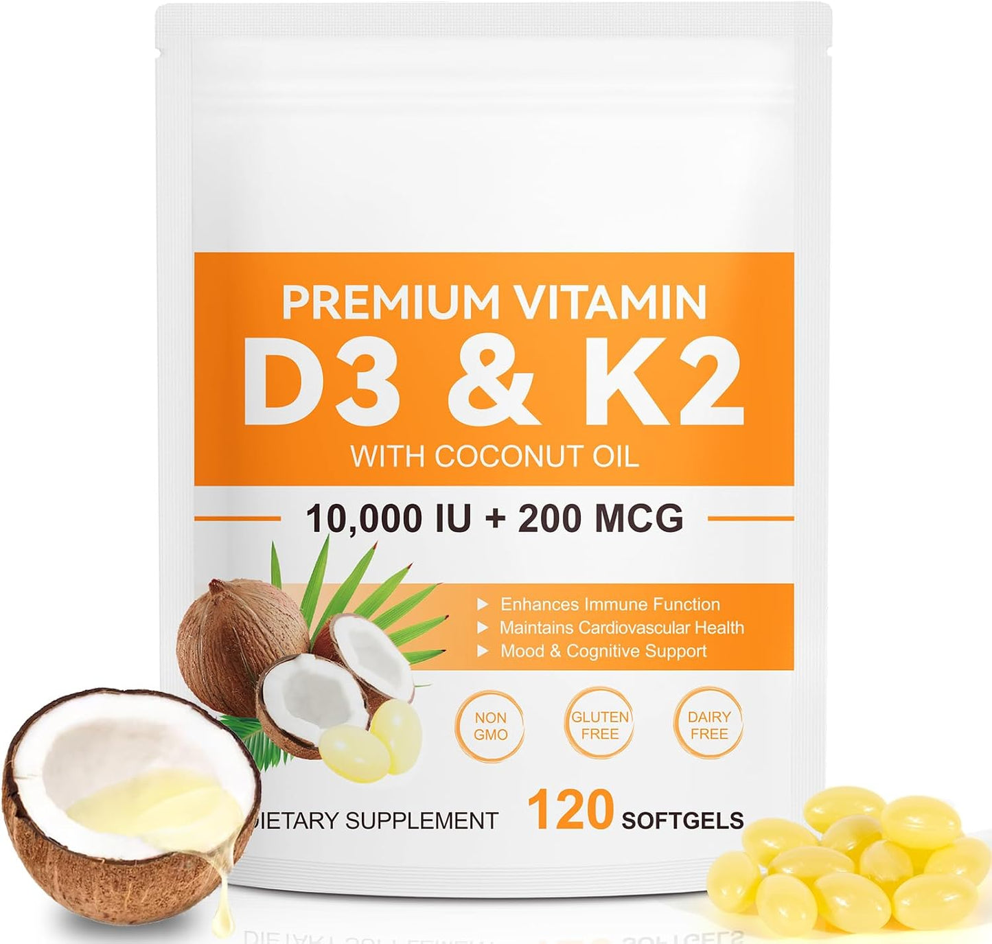 Vitamin D3 K2 Supplement Soft gel capsules, 10,000 IU D3 + 200 mcg K2 (MK-7) | 2-in-1 Replenish Formula with Coconut Oil, Supports Calcium Absorption, Easy to Swallow 120 Capsules - görsel 1