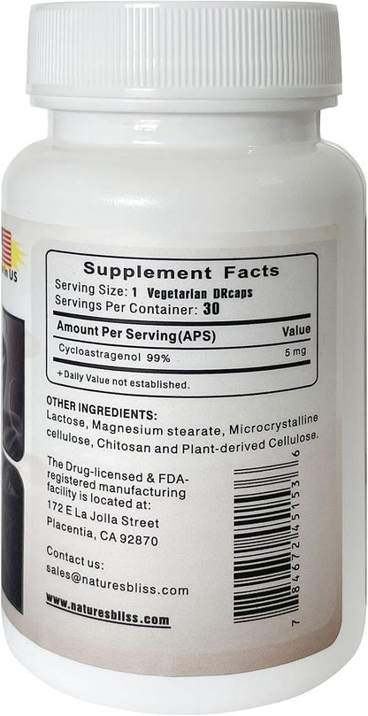 Nature'sbliss Cycloastragenol 99%, 5mg, 30 Capsules - Stomach Acid Resistant & Enhanced Absorption