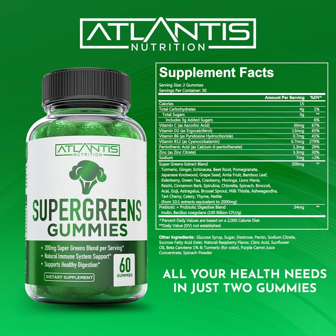 Atlantis Nutrition Supergreens Gummies - Daily Green Superfoods Supplement for Immunity Support, Natural Raspberry Flavour, 60 Gummies - görsel 5