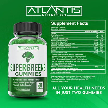 Atlantis Nutrition Supergreens Gummies - Daily Green Superfoods Supplement for Immunity Support, Natural Raspberry Flavour, 60 Gummies