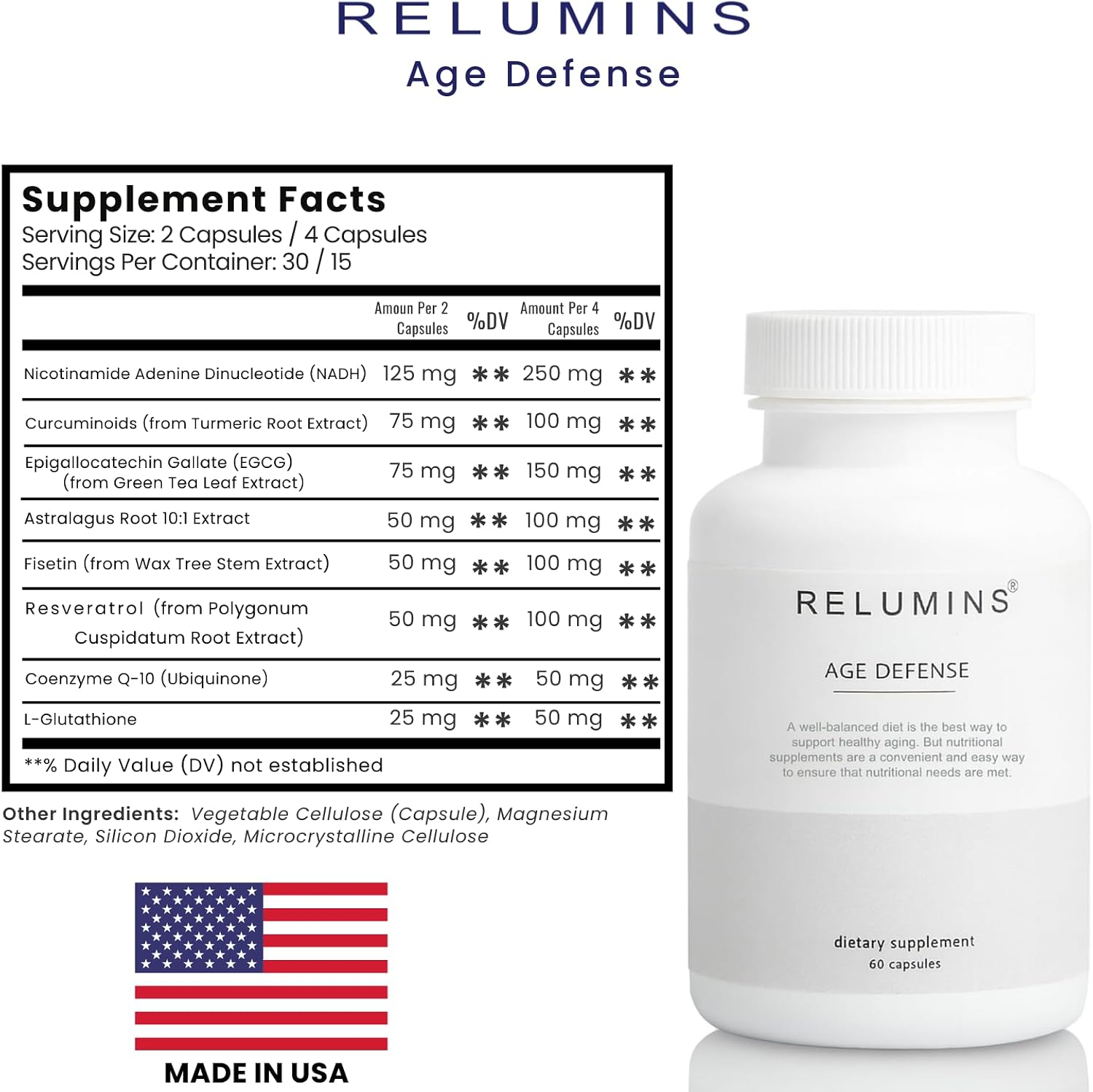Relumins Age Defence NAD+ Supplement with NADH, CoQ10, Glutathione, Resveratrol, Fisetin, Curcumin & EGCG - Antioxidant Support Supplement – 60 Vegan Capsules - görsel 7