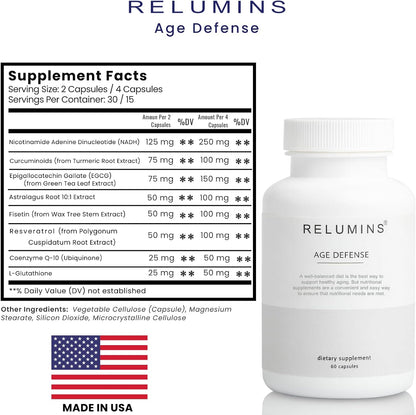 Relumins Age Defence NAD+ Supplement with NADH, CoQ10, Glutathione, Resveratrol, Fisetin, Curcumin & EGCG - Antioxidant Support Supplement – 60 Vegan Capsules