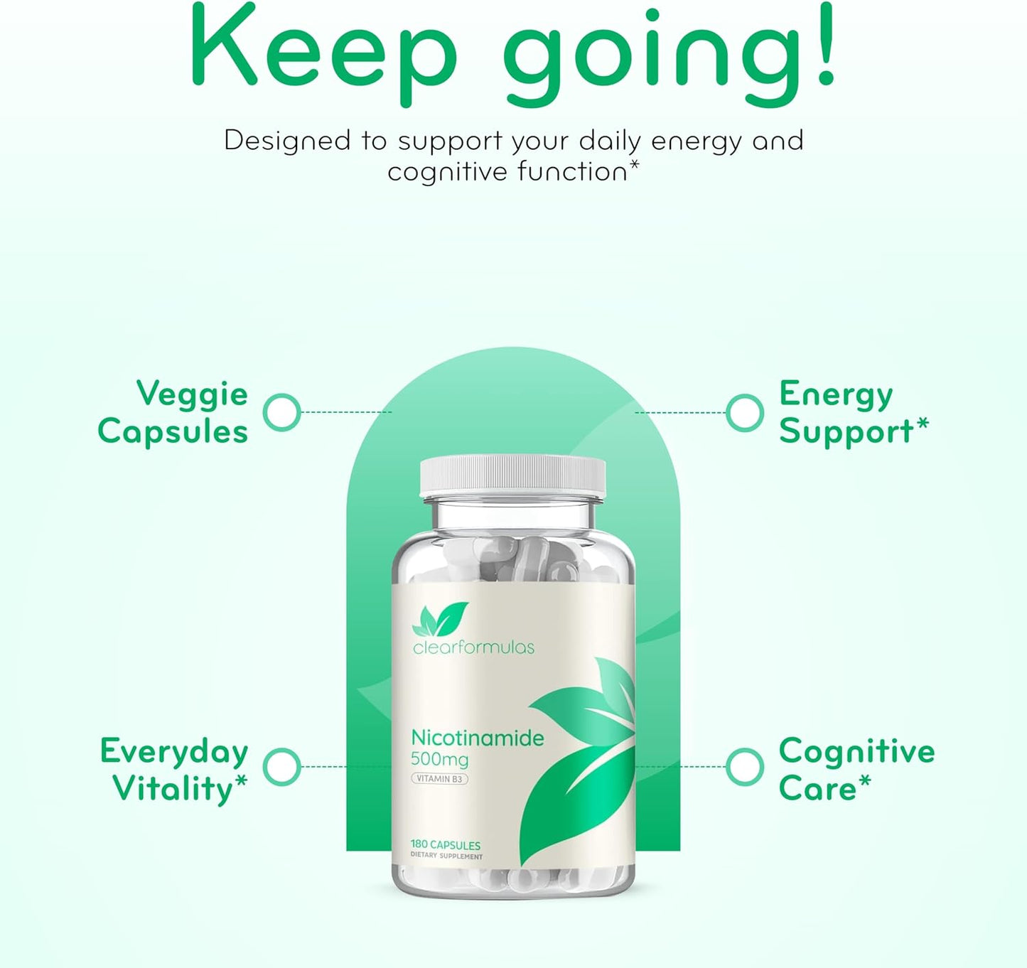 Vitamin B3 Nicotinamide 500mg – Flush Free Niacin Supplement for Energy, Skin & Nervous System Support – NAD Precursor – 180 Capsules - görsel 5
