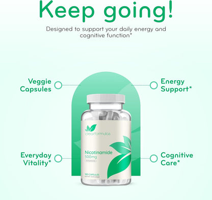 Vitamin B3 Nicotinamide 500mg – Flush Free Niacin Supplement for Energy, Skin & Nervous System Support – NAD Precursor – 180 Capsules