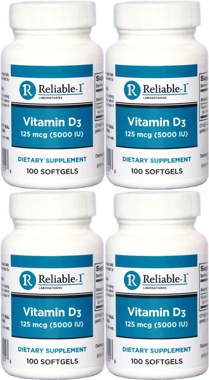 Vitamin D3 High Potency 5000 IU, 100 Softgels per Bottle (Pack of 4)
