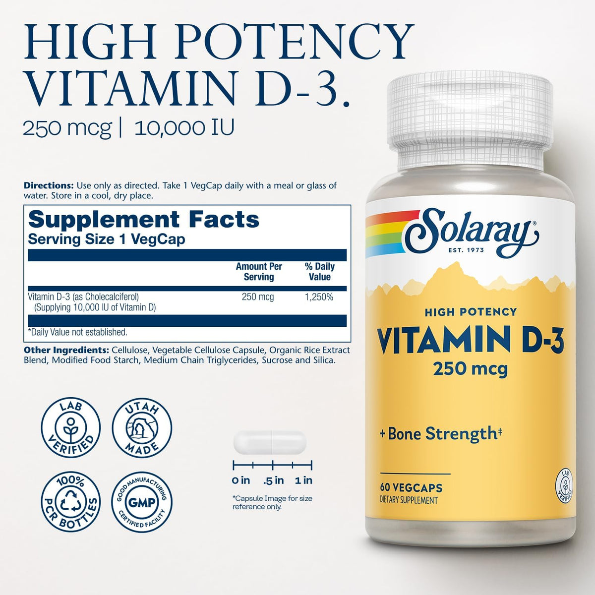 SOLARAY Vitamin D3 10000 IU (250 mcg) – High-Strength Supplement for Bones & Immune Health, 60 Vegetarian Capsules - görsel 2