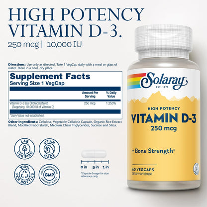 SOLARAY Vitamin D3 10000 IU (250 mcg) – High-Strength Supplement for Bones & Immune Health, 60 Vegetarian Capsules