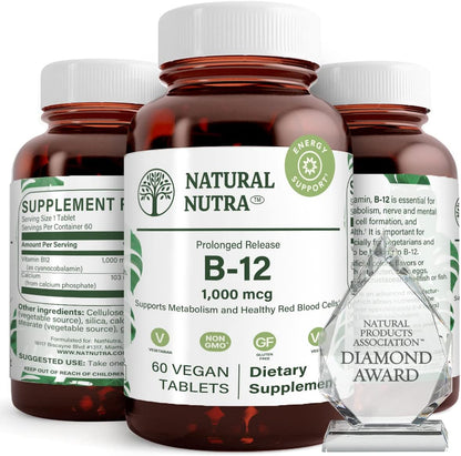 Natural Nutra Vitamin B12 1000 mcg, Cobalamin B12 Supplement, Contributes to Normal Energy Metabolism, Supports Nervous System, Vegan, Gluten Free, Sugar Free, 60 Tablets