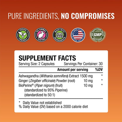 Approved Science Ashwagandha 1500mg with BioPerine and Ginger - 60 Vegan Capsules