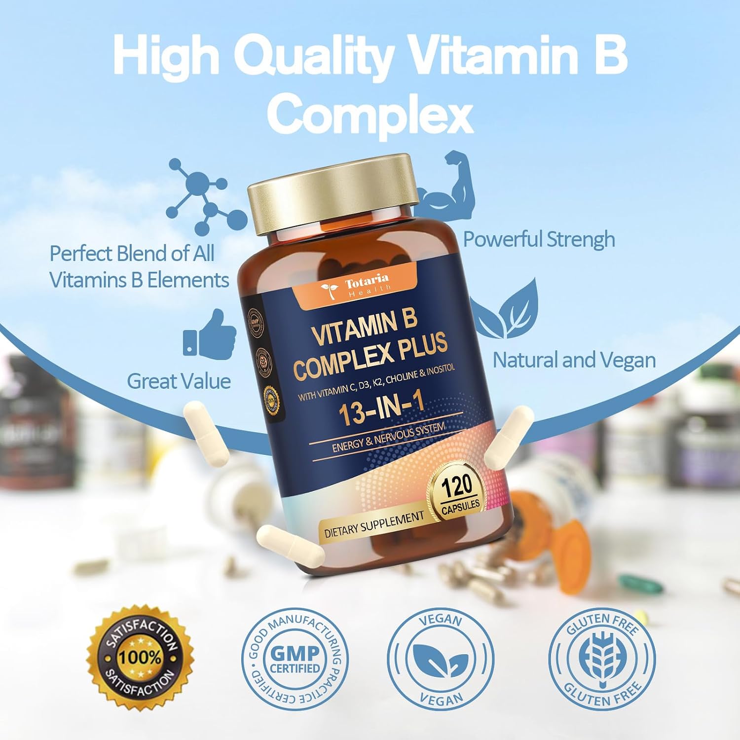 13-in-1 Vitamin B Complex Plus with B1, B2, B3, B4, B5, B6, B7, B8, B9, B12, C, D3, K2 - 120 Capsules (2-Pack) - görsel 5