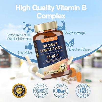 13-in-1 Vitamin B Complex Plus with B1, B2, B3, B4, B5, B6, B7, B8, B9, B12, C, D3, K2 - 120 Capsules (2-Pack)