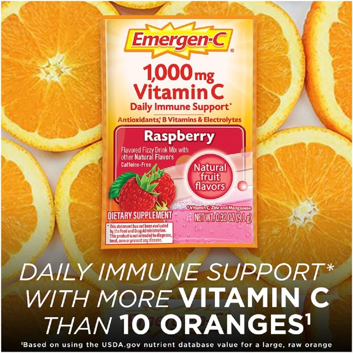 Emergen-C 1000mg Vitamin C Powder, with Antioxidants, B Vitamins and Electrolytes, Immunity Supplement for Immune Support, Caffeine Free Fizzy Drink Mix, Raspberry Flavour, 9g (Pack of 30) - görsel 3