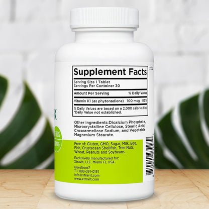 Xtravit Vitamin K Supplement – Natural Vitamin K (Phylloquinone) for Bone & Heart Health – 100 mcg, 30 Tablets